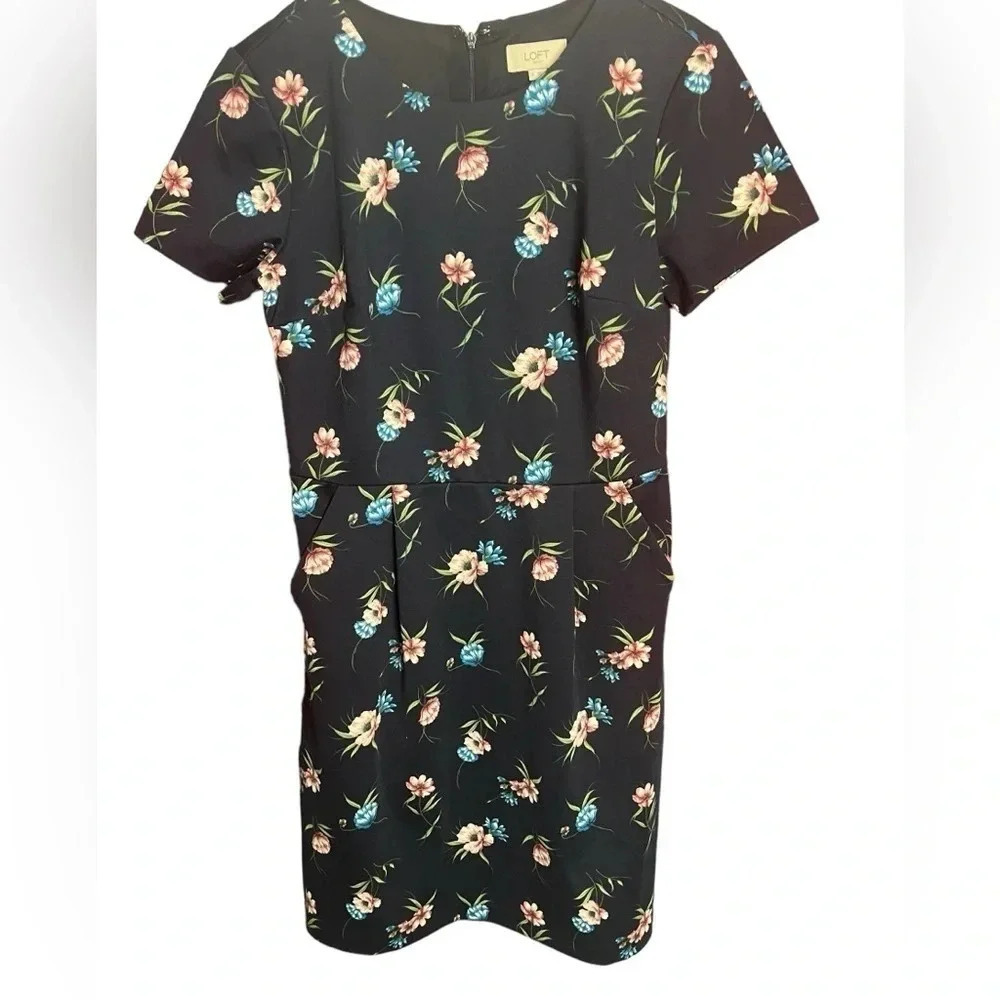 NWT Loft Outlet Floral Business Pleated waist Midi short Sleeve Office Size 2 - Picture 2 of 14